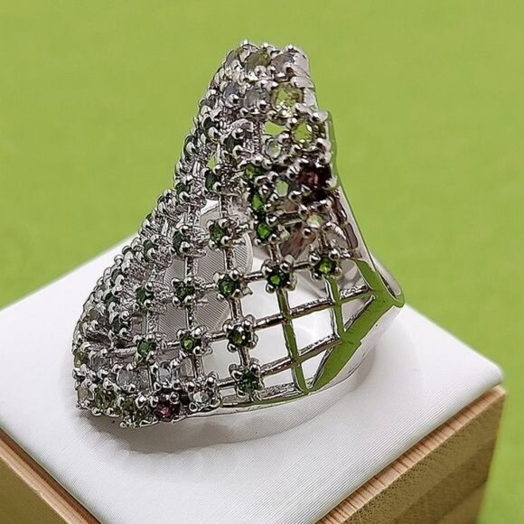Natural Round Chrome Diopside Rhodolite Gems 925 Sterling Silver Ring Size 7 - Picture 3 of 12